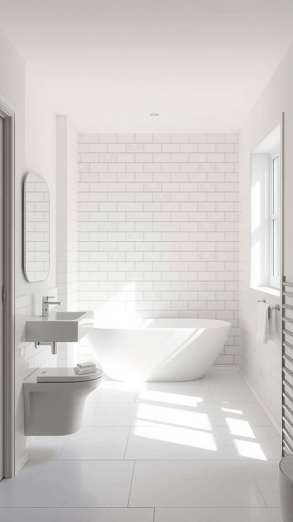A clean and minimalist bathroom with white tiles, a freestanding tub, and natural light.