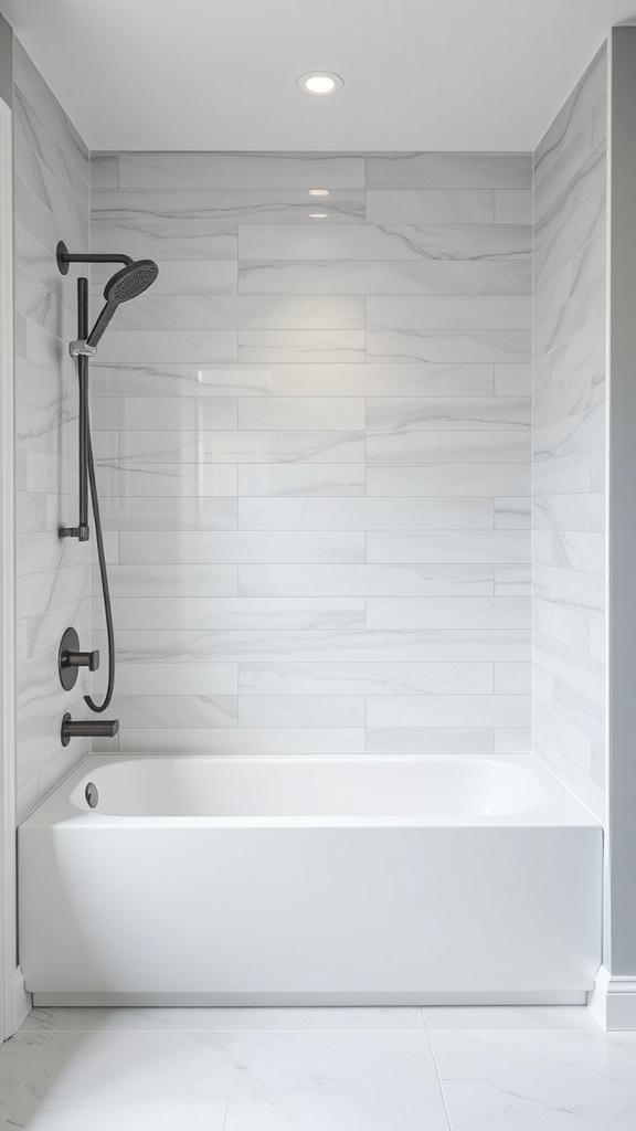 A modern minimalist bathroom with a white tub and large light-colored wall tiles.