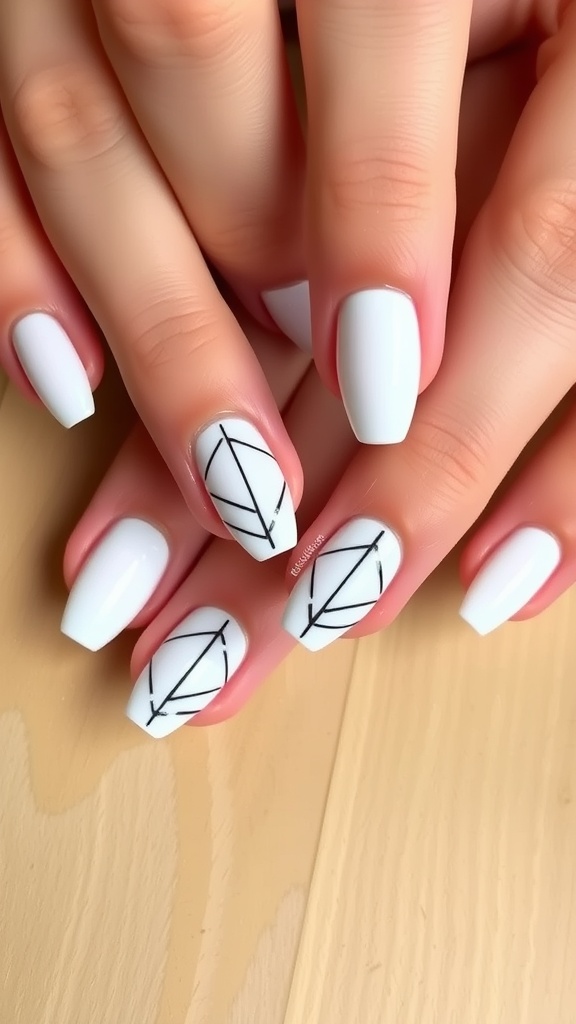 Minimalist white almond nails with black geometric designs