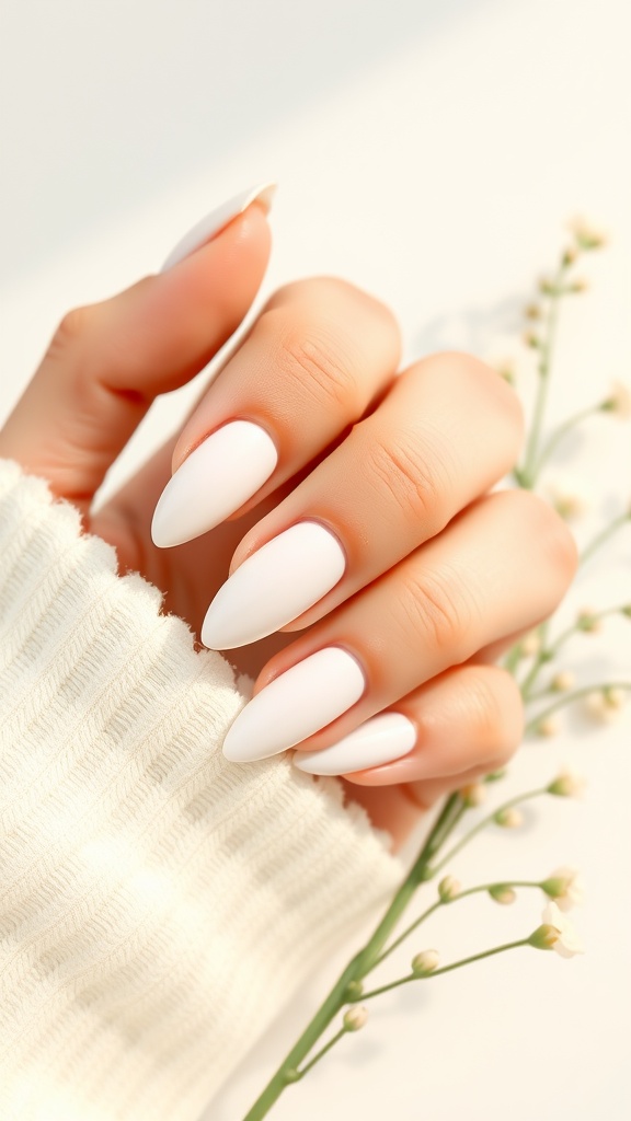 Close-up of hands with white almond-shaped nails, holding a delicate sprig of flowers, against a light backdrop.