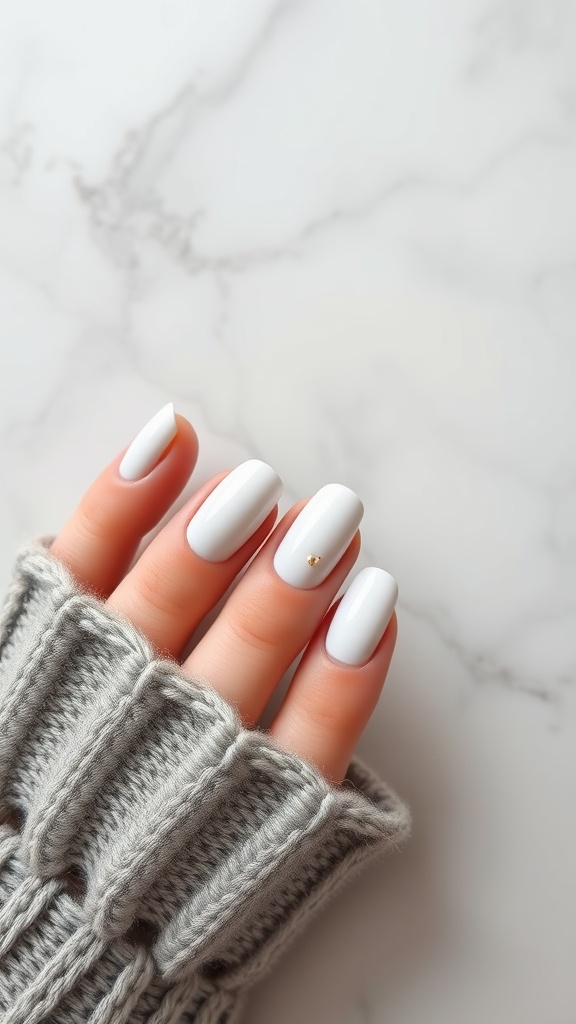 Close-up of minimalist white nails with a gold accent, held with a gray knit sleeve.