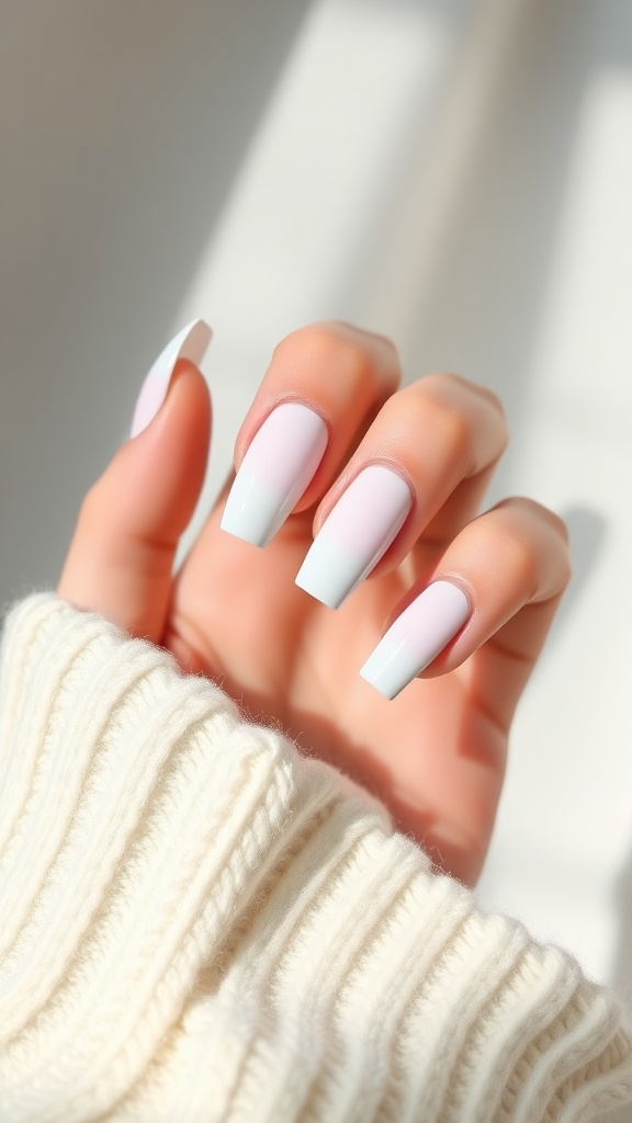 A close-up of elegantly styled long white chrome nails, showcasing a soft gradient from creamy white to shiny chrome tips, paired with a cozy knitted sweater.
