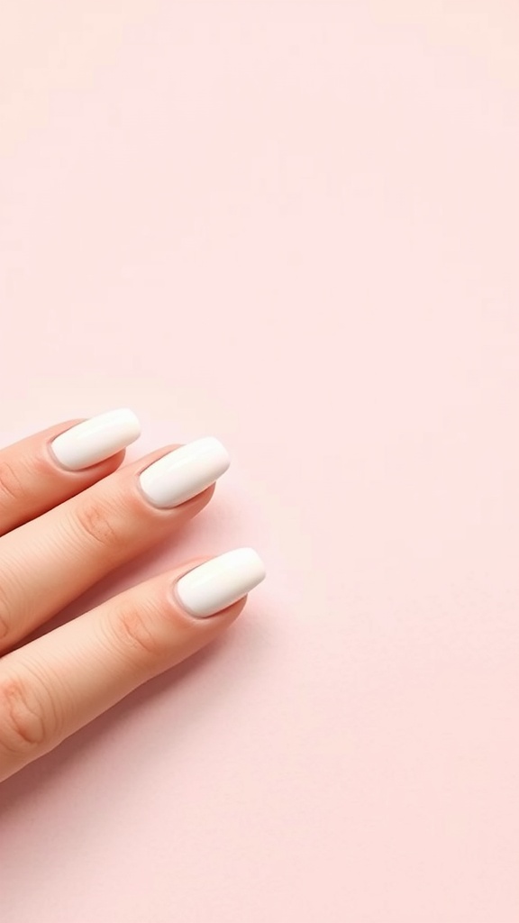 Close-up of a hand with minimalist white nail tips on a pink background.