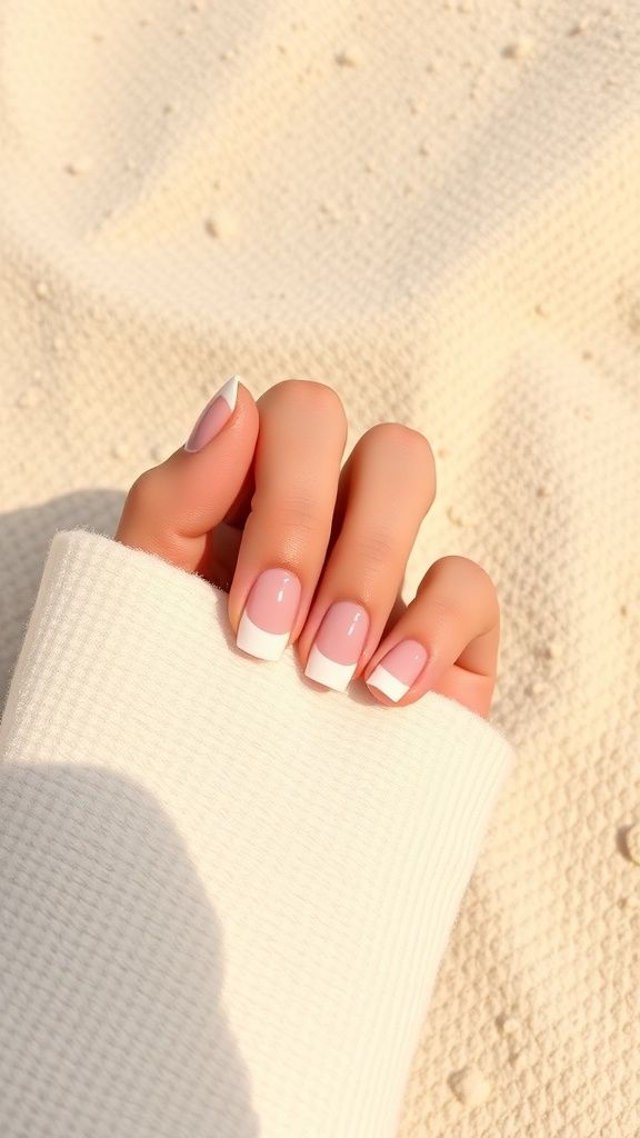 Close-up of minimalist white tip nails on a hand resting on a textured light background.