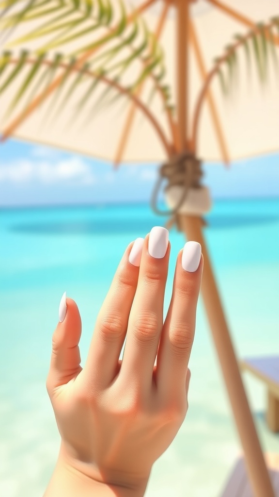 A hand with short white tipped nails in front of a beach umbrella and clear blue water.