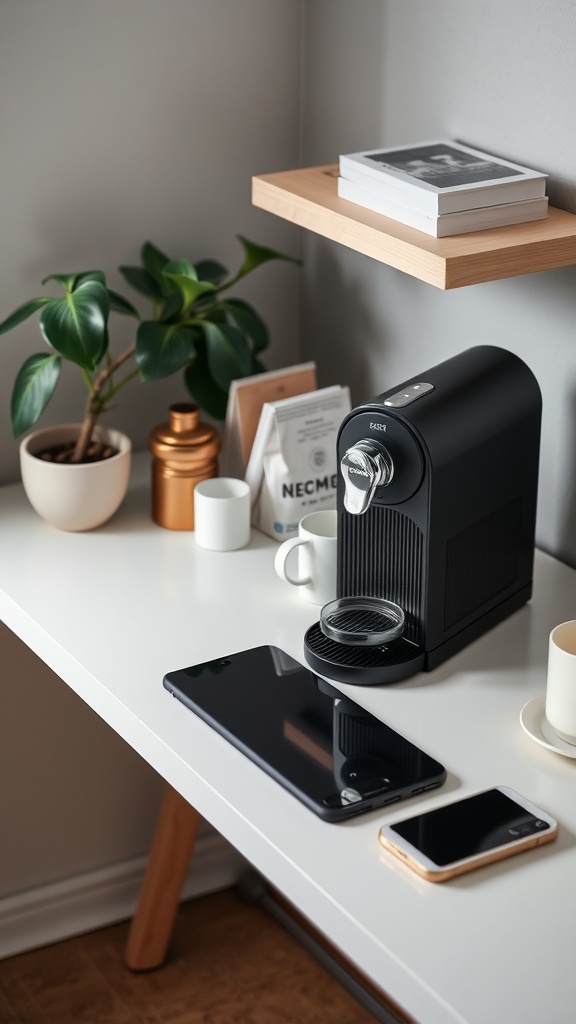 A minimalist coffee station featuring a Nespresso machine, plants, and digital devices on a white desk.