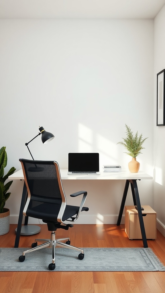 Minimalist workstation with a modern chair, desk, laptop, lamp, and a potted plant.