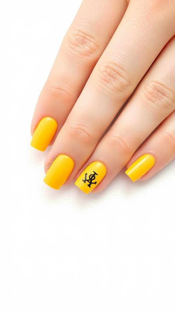 Close-up of minimalist yellow almond nails with a black logo design
