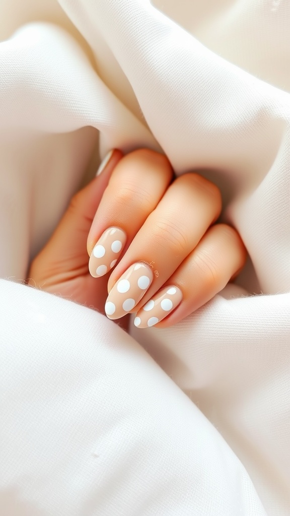 Nude nails with white polka dots