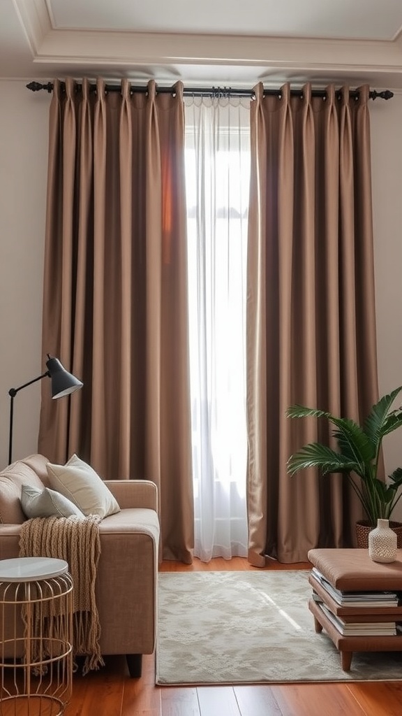 A living room featuring heavy brown drapes and a cozy seating arrangement.