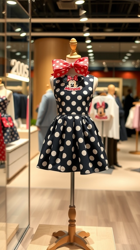 A polka dot dress inspired by Minnie Mouse, featuring a red bow and her iconic face on the front.