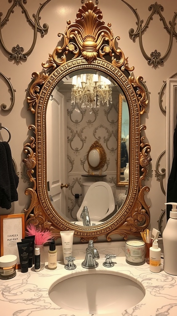 A beautifully decorated bathroom with an ornate golden mirror, marble countertop, and stylish beauty products.