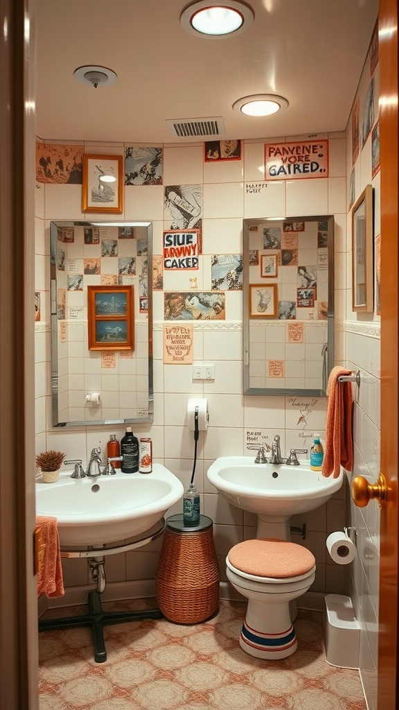 A quirky 70s bathroom with mirrored surfaces, colorful accents, and vintage decor.