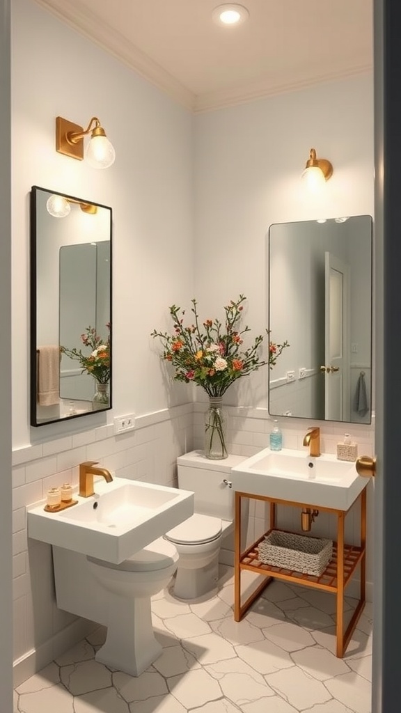 A stylish jack and jill bathroom featuring mirrored walls and elegant decor.