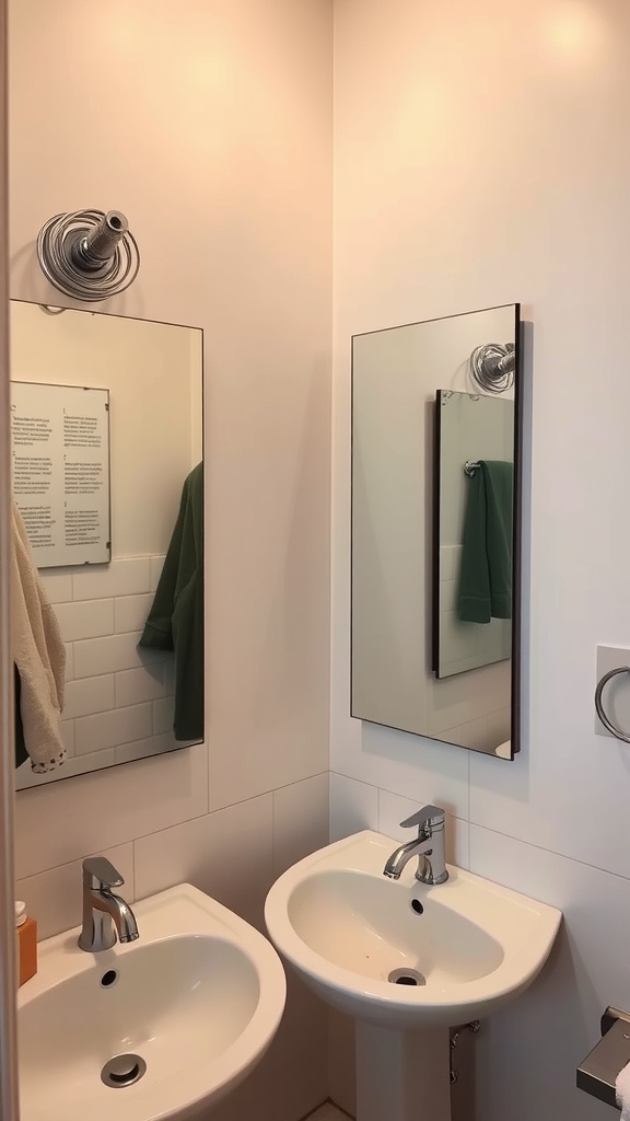 Small bathroom featuring two sinks and sleek mirrors on the wall