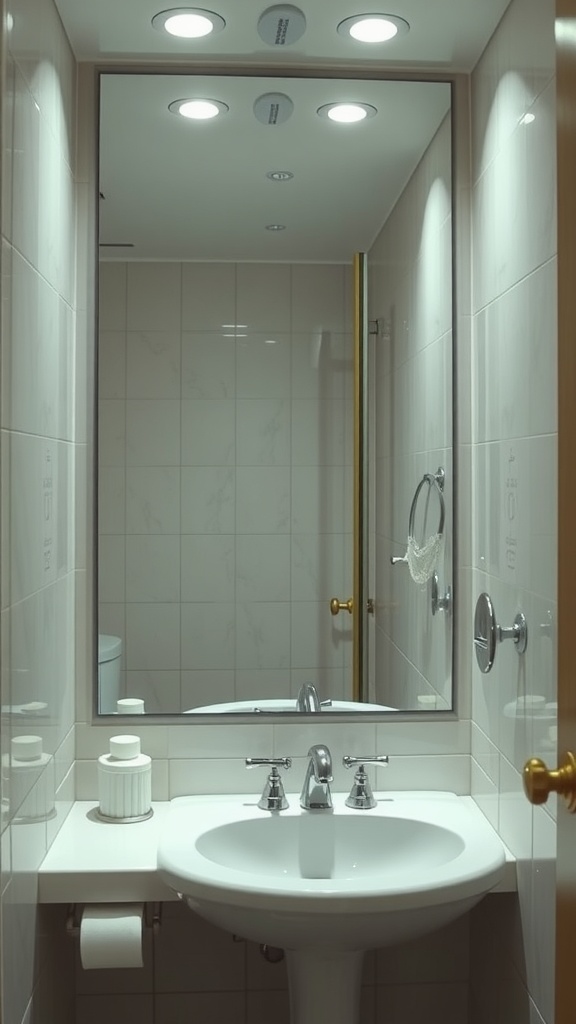 A small bathroom featuring a sleek mirror above the sink, with good lighting and light-colored tiles.