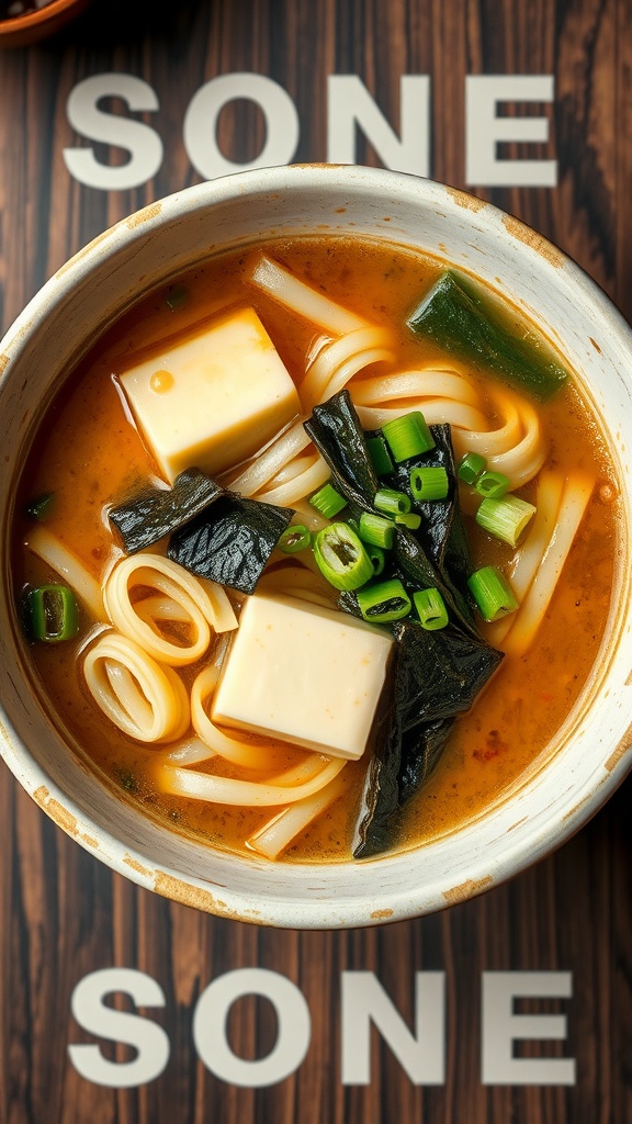 A bowl of miso soup with rice noodles, tofu, seaweed, and green onions.