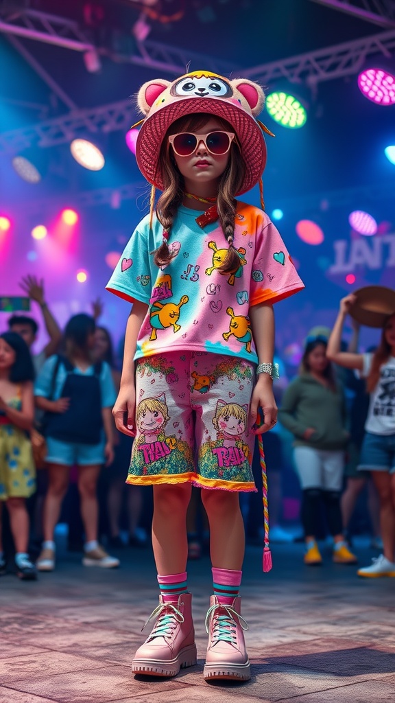 A young person in a colorful kawaii outfit with a playful hat and oversized sunglasses at a rave.