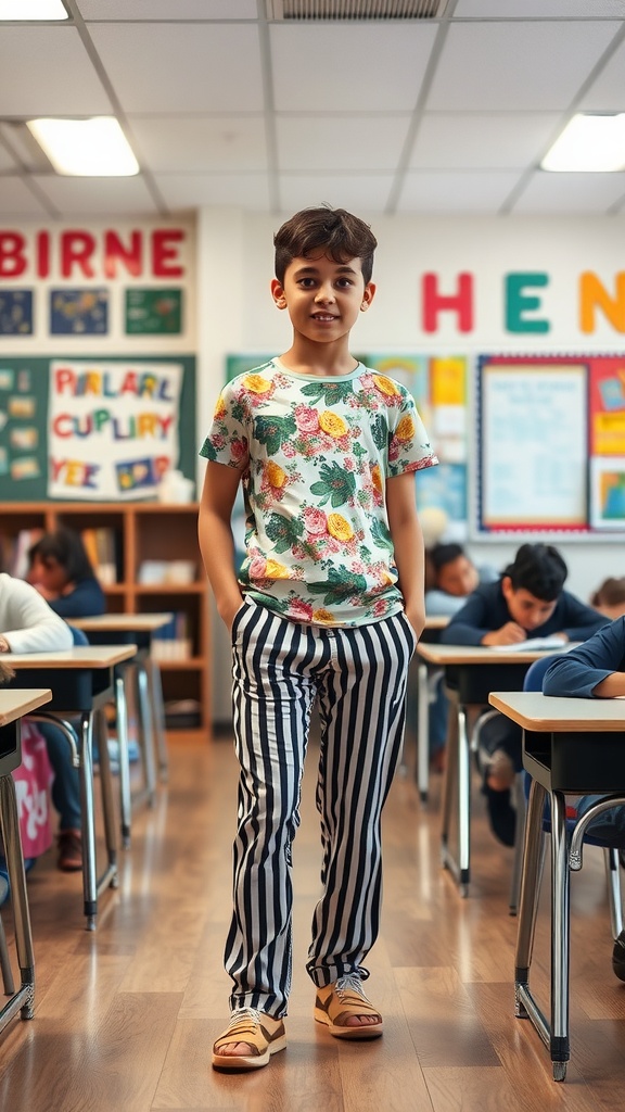 A boy wearing a floral shirt and striped pants standing in a classroom.