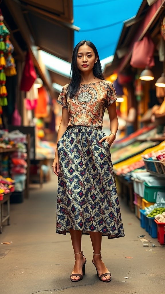 Model wearing a patterned top and a midi skirt in a market setting.