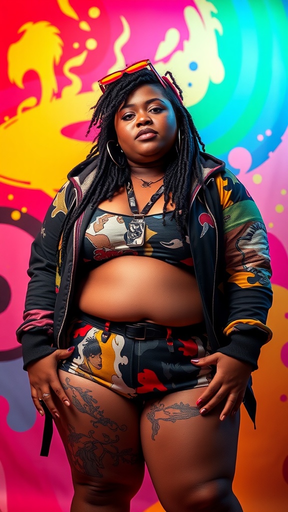 A confident plus-size individual in a colorful crop top and shorts with a vibrant patterned background.