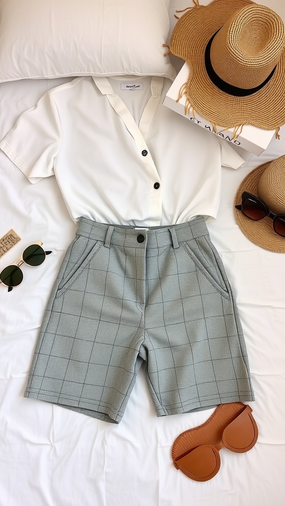 A white button-up shirt and gray plaid tailored shorts arranged on a bed with accessories.