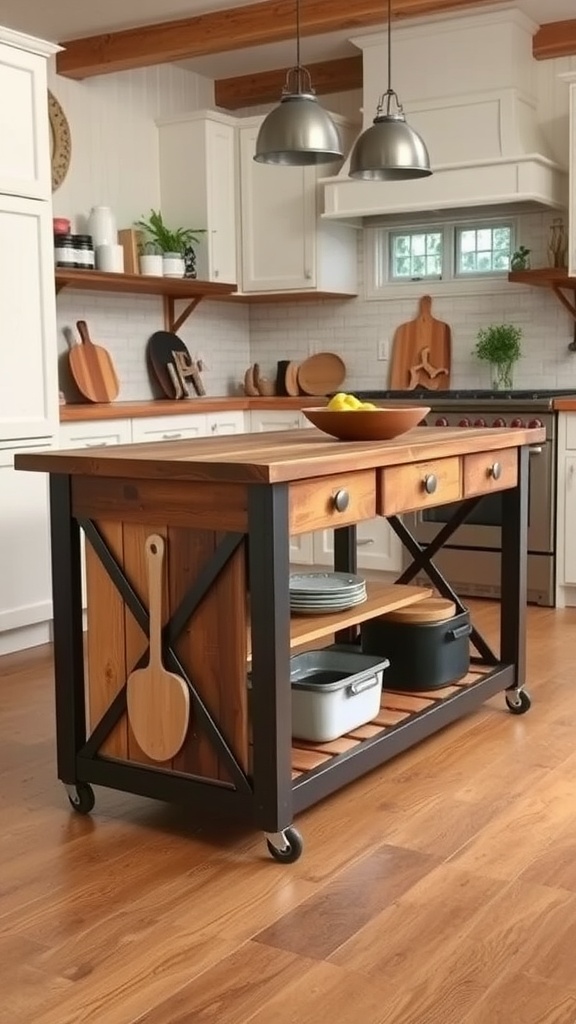 A rustic farmhouse kitchen island made of wood and metal, featuring storage and wheels