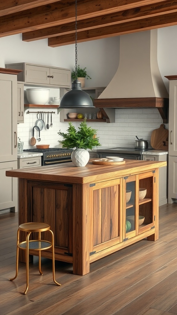 Rustic farmhouse kitchen island with wooden features and modern lighting.
