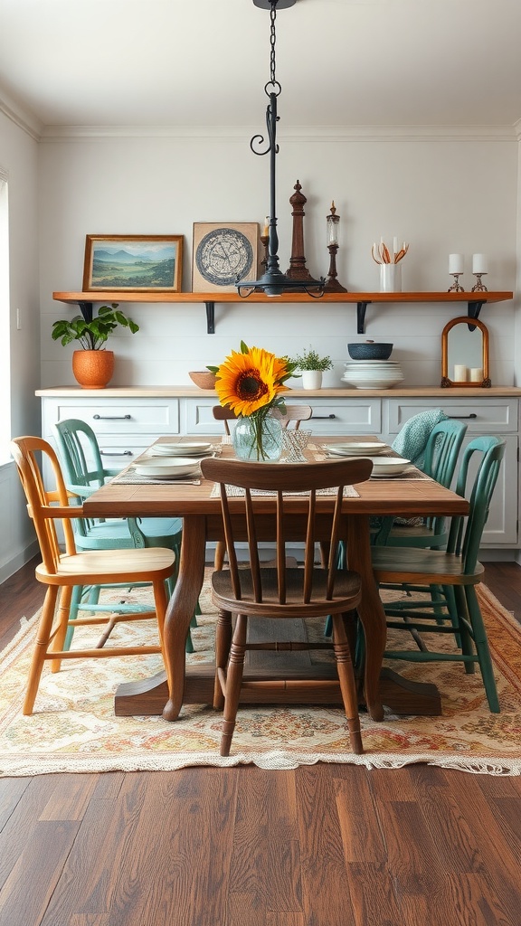 A cozy farmhouse kitchen table surrounded by a mix of chairs, featuring colors like light wood, dark wood, and turquoise, with floral decor on the table.