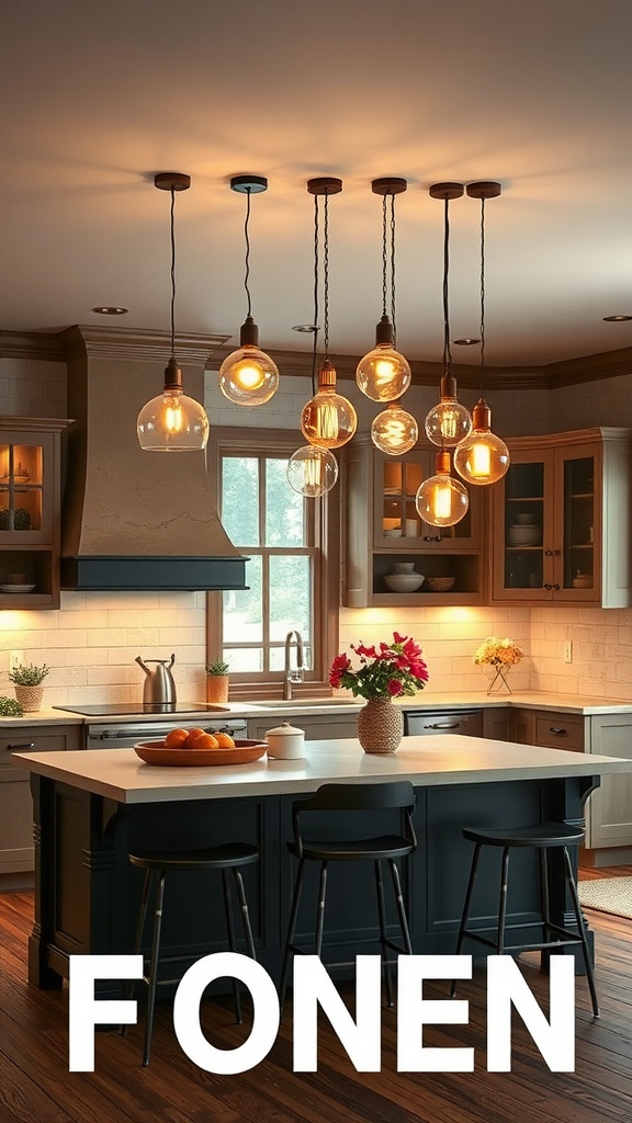 A kitchen island with a mix of pendant lights hanging above it, showcasing various designs and shapes.