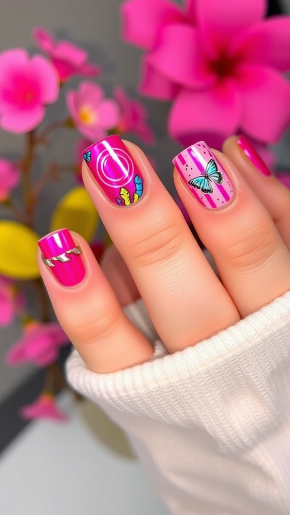 Close-up of manicured nails featuring pink chrome polish with colorful designs and a butterfly.