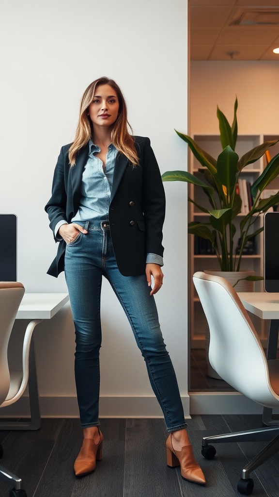 A woman wearing a blazer over a denim shirt, paired with fitted jeans and stylish heels, standing in an office setting.