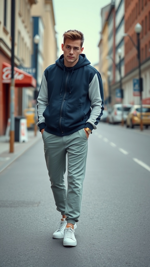 A young man in a sporty hoodie and joggers standing in an urban setting.