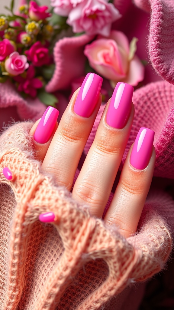 Pink chrome nails showcased with pink flowers and a cozy sweater.