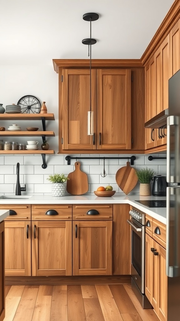 Farmhouse kitchen with wooden cabinets, metal fixtures, and open shelving