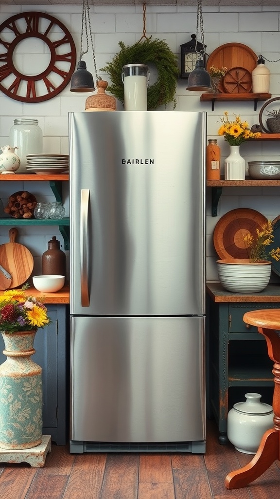 Modern farmhouse kitchen featuring a stainless steel refrigerator with vintage decor and wooden shelves.