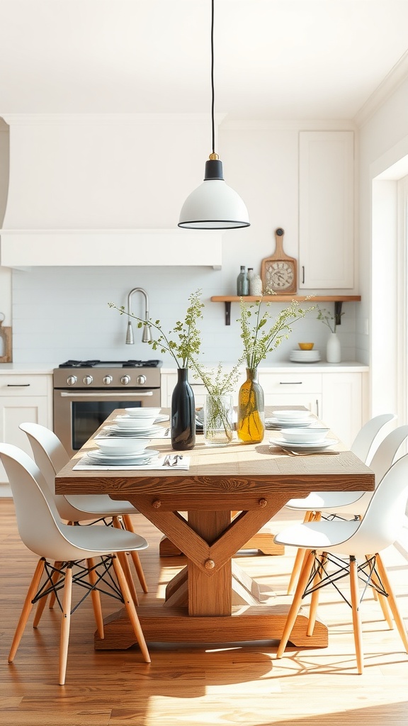 A farmhouse kitchen table with a rustic wooden base surrounded by modern white chairs, decorated with vases of greenery.