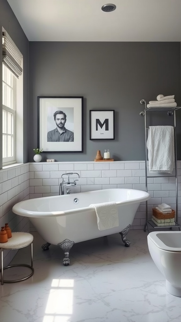 A modern bathroom featuring a classic clawfoot tub, dark gray walls, and stylish decor.