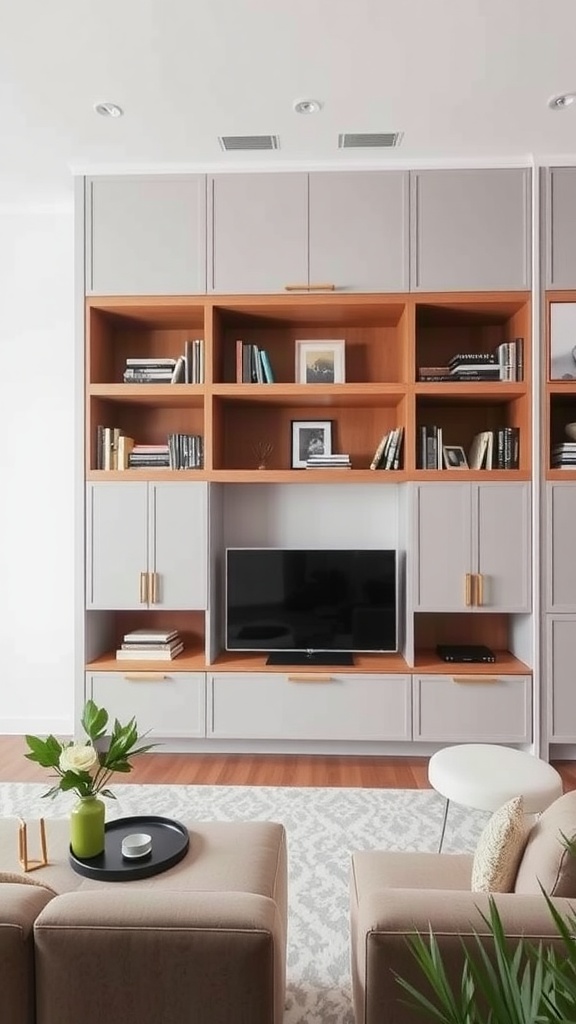 Living room with built-in shelves featuring open and closed storage.