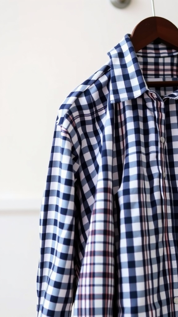 Close-up of a checkered shirt hanging on a hanger.