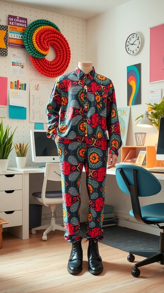 A mannequin dressed in a colorful patterned business casual outfit, standing in an office setting