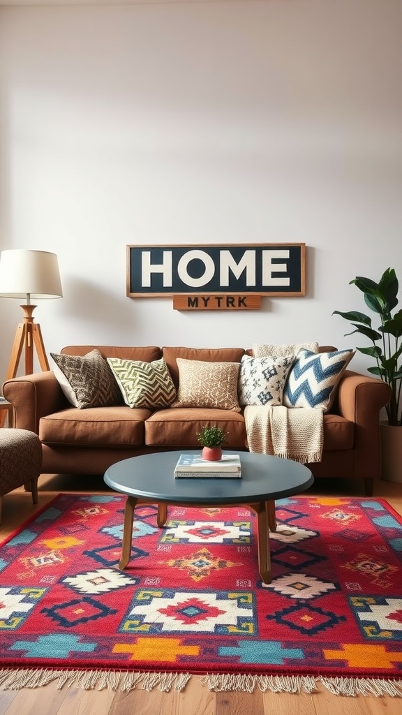 A cozy living room featuring a brown couch with various patterned cushions, a colorful rug, and a stylish coffee table.
