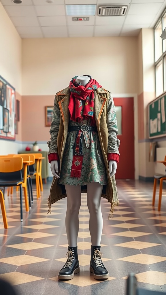A mannequin displaying a mixed pattern school outfit with a patterned dress, oversized coat, red scarf, and chunky boots in a school setting.