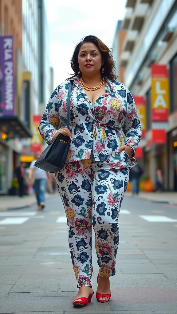 A plus-size woman in a colorful patterned outfit walking confidently on a city street.