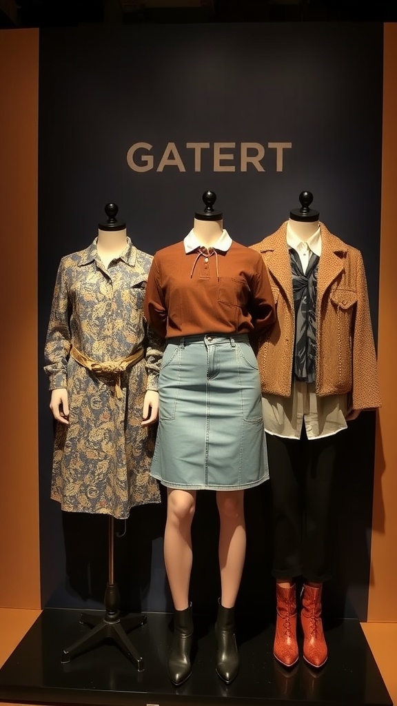 Three mannequins displaying outfits featuring jean skirts, showcasing different patterns and textures.