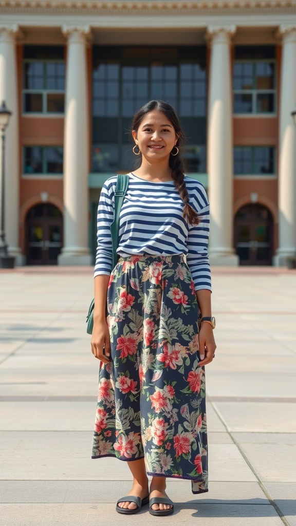 A student wearing a striped shirt and a floral skirt, standing in front of a college building.