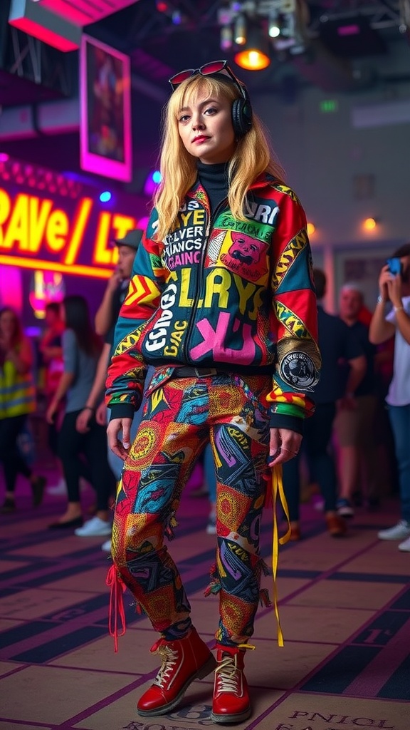 A young woman wearing a colorful patterned outfit with headphones at a rave.