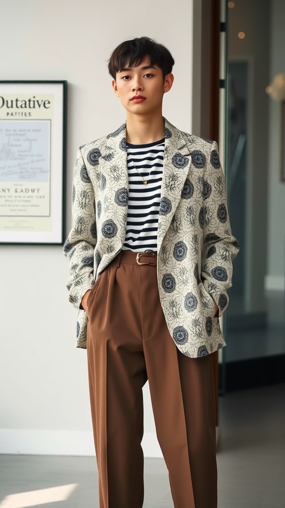 A person wearing a patterned blazer and striped shirt, showcasing a bold mix of patterns.