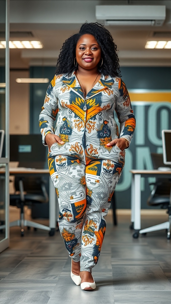 A plus-size woman confidently wearing a colorful patterned jumpsuit in a modern office setting.