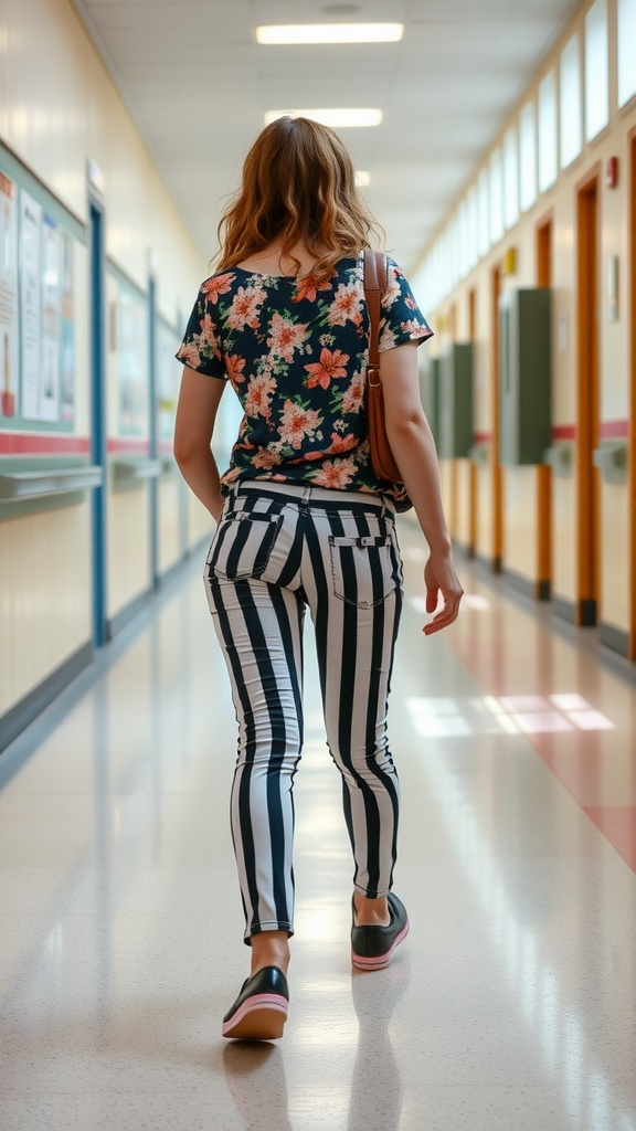 A student walking in a school hallway wearing a floral top and striped pants.